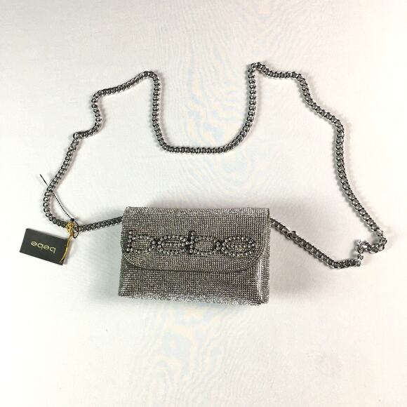 New Bebe Wynn Clutch Silver Rhinestone chain strap Crossbody Mini bag Prom Party